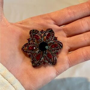 Vintage Rhinestone Red Flower Brooch